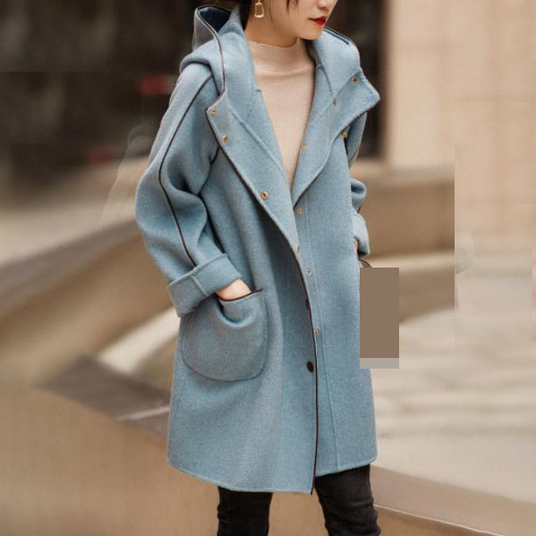 haină cu glugă, cu mâneci lungi, haină de lână de lungime medie, tendință feminină, paltoane de iarnă pentru femei, trench stil coreean