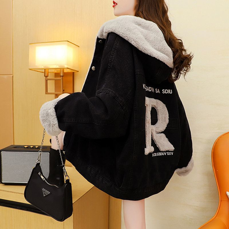 Πουπουλένιο βαμβακερό 2023 χοντρό τζιν μπουφάν μόδας με κουκούλα μονόστομο ζεστό γράμμα στάμπα Πανωφόρια Νέα φθινοπωρινά χειμωνιάτικα φαρδιά ρούχα