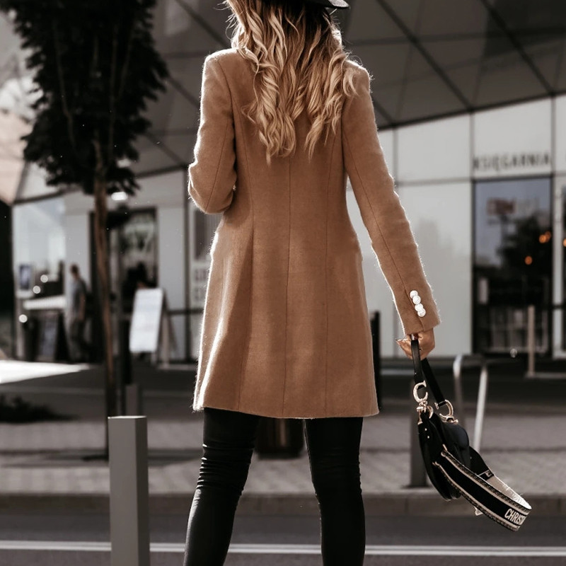 Palton lung de lână pentru femeie, toamnă iarnă, haină elegantă de lână pentru femei, birou, simplu, solidă, casual, guler răsturnat