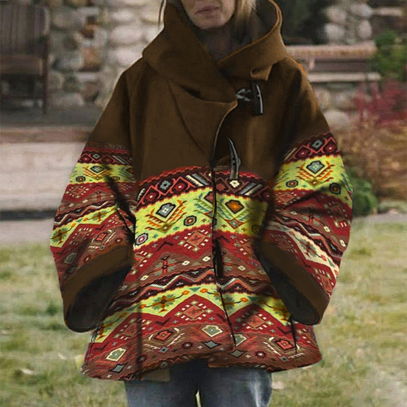 Modes rakstu apdrukas jaka ar garām piedurknēm Sieviešu ikdienas brīvs vilnas mētelis ar kapuci rudens ziemas High Street kabatas mētelis sporta krekli