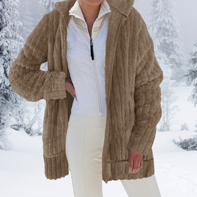 Silta plīša jaka sievietēm ar biezu rāvējslēdzēju Rudens Ziemas stingra apkakle ar garām piedurknēm Sieviešu mēteļi, mākslīgās kažokādas virsdrēbes