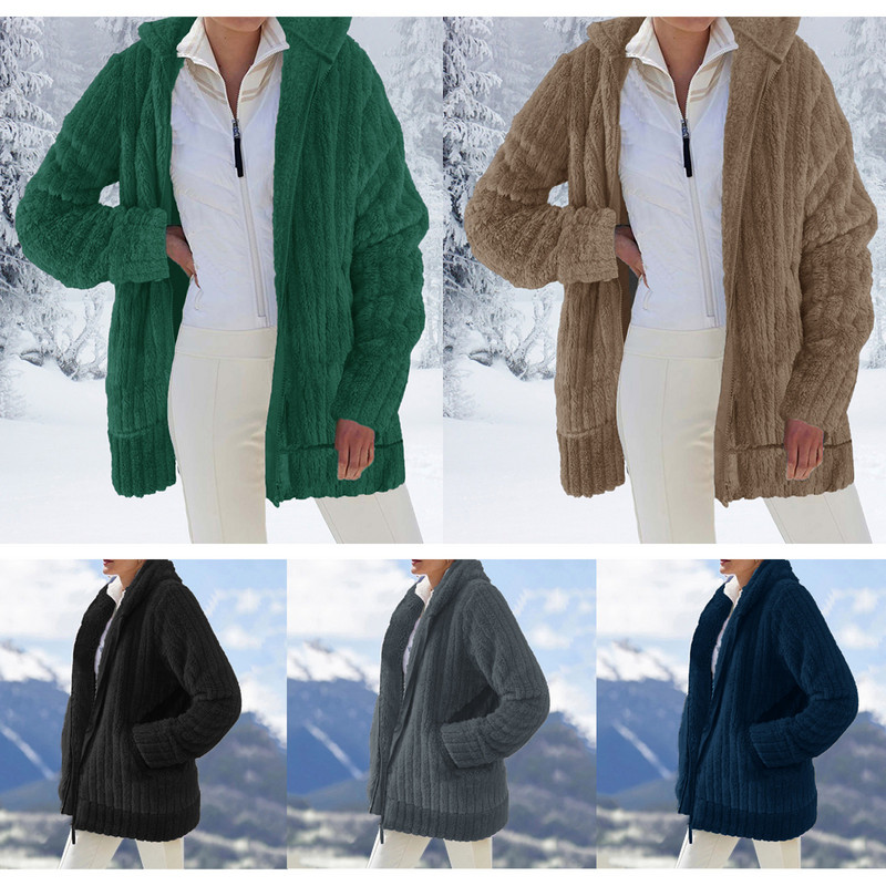 Silta plīša jaka sievietēm ar biezu rāvējslēdzēju Rudens Ziemas stingra apkakle ar garām piedurknēm Sieviešu mēteļi, mākslīgās kažokādas virsdrēbes