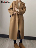 Cotvotee haină lungă de lână pentru femei, toamnă iarnă 2023, noua modă, cu guler răsturnat, paltoane largi, ocazional vintage, jachete dublu