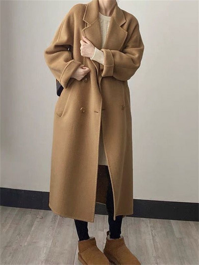 Cotvotee haină lungă de lână pentru femei, toamnă iarnă 2023, noua modă, cu guler răsturnat, paltoane largi, ocazional vintage, jachete dublu