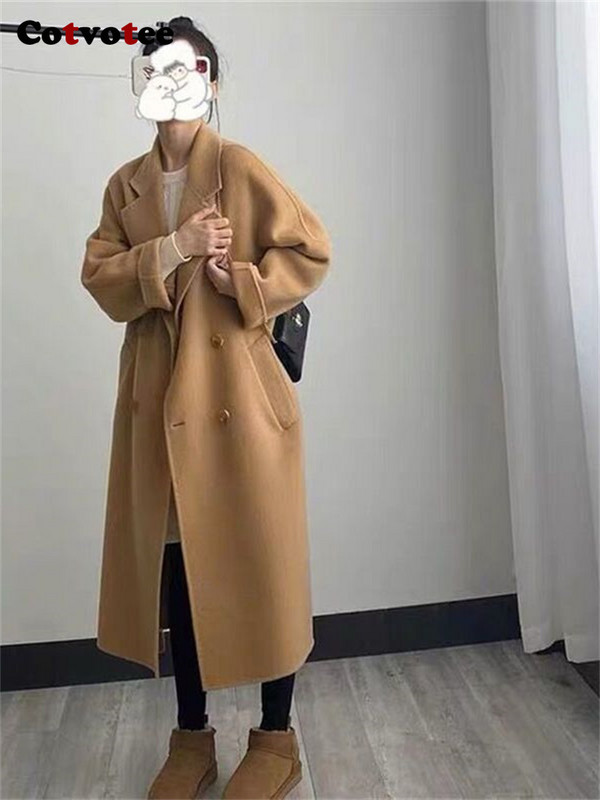 Cotvotee haină lungă de lână pentru femei, toamnă iarnă 2023, noua modă, cu guler răsturnat, paltoane largi, ocazional vintage, jachete dublu