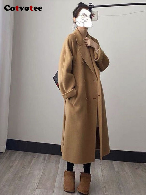 Cotvotee haină lungă de lână pentru femei, toamnă iarnă 2023, noua modă, cu guler răsturnat, paltoane largi, ocazional vintage, jachete dublu
