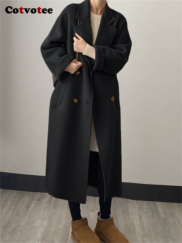 Cotvotee haină lungă de lână pentru femei, toamnă iarnă 2023, noua modă, cu guler răsturnat, paltoane largi, ocazional vintage, jachete dublu