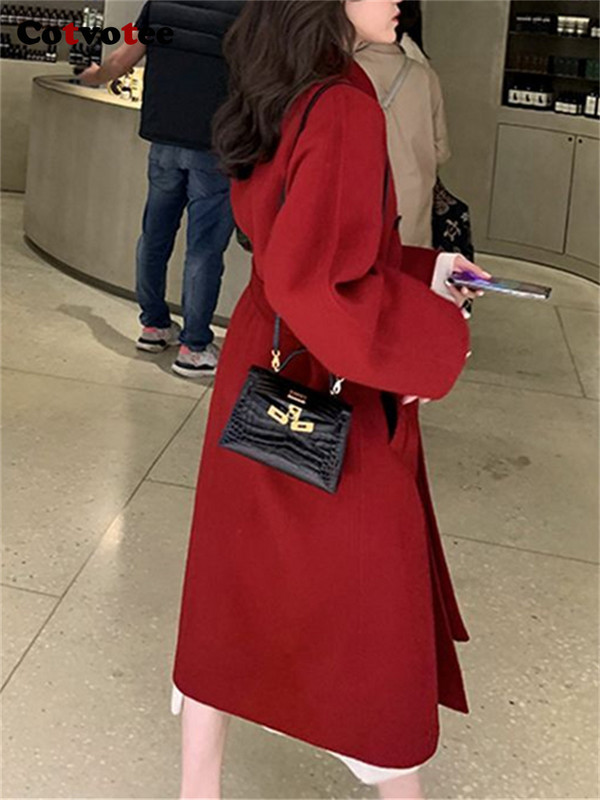 Cotvotee haină lungă de lână pentru femei, toamnă iarnă 2023, noua modă, cu guler răsturnat, paltoane largi, ocazional vintage, jachete dublu