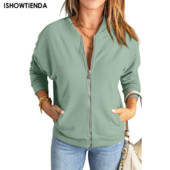 Modne ženske bomber jakne 2023, nove vintage jednobojne jakne s dugim rukavima, kaputi, ležerni džepovi s patentnim zatvaračem, gornji dijelovi ženske vanjske odjeće