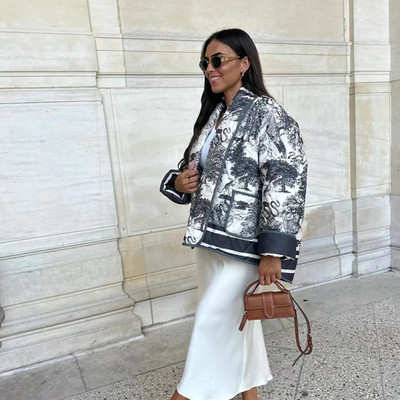 Ženski pamučni kaput s printom samostojećeg ovratnika Vinage Ženska jakna dugih širokih rukava s džepovima 2023. Jesen Zima Deblja topla ženska gornja odjeća