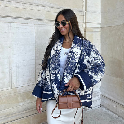 Ženski pamučni kaput s printom samostojećeg ovratnika Vinage Ženska jakna dugih širokih rukava s džepovima 2023. Jesen Zima Deblja topla ženska gornja odjeća