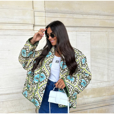 Ženski pamučni kaput s printom samostojećeg ovratnika Vinage Ženska jakna dugih širokih rukava s džepovima 2023. Jesen Zima Deblja topla ženska gornja odjeća