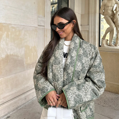 Ženski pamučni kaput s printom samostojećeg ovratnika Vinage Ženska jakna dugih širokih rukava s džepovima 2023. Jesen Zima Deblja topla ženska gornja odjeća