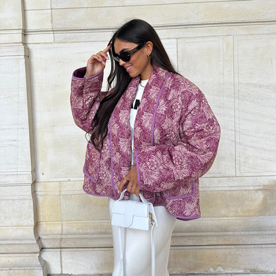 Ženski pamučni kaput s printom samostojećeg ovratnika Vinage Ženska jakna dugih širokih rukava s džepovima 2023. Jesen Zima Deblja topla ženska gornja odjeća