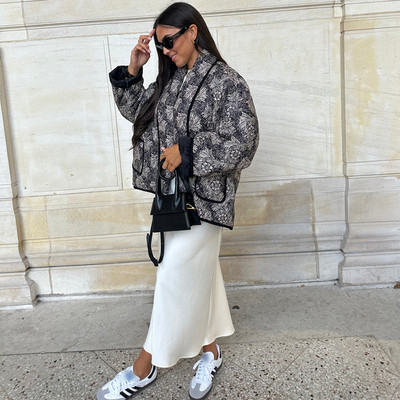 Ženski pamučni kaput s printom samostojećeg ovratnika Vinage Ženska jakna dugih širokih rukava s džepovima 2023. Jesen Zima Deblja topla ženska gornja odjeća