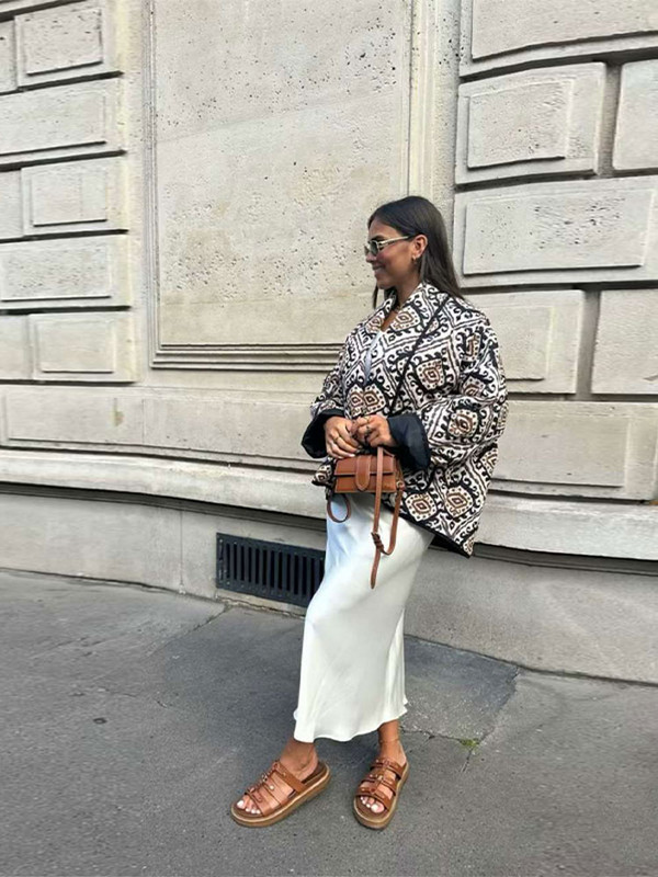 Ženski pamučni kaput s printom samostojećeg ovratnika Vinage Ženska jakna dugih širokih rukava s džepovima 2023. Jesen Zima Deblja topla ženska gornja odjeća