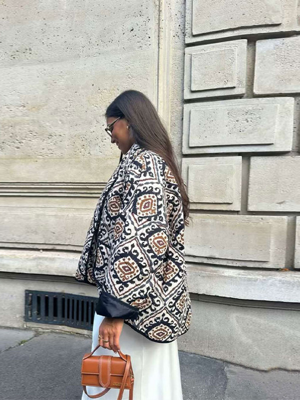 Ženski pamučni kaput s printom samostojećeg ovratnika Vinage Ženska jakna dugih širokih rukava s džepovima 2023. Jesen Zima Deblja topla ženska gornja odjeća