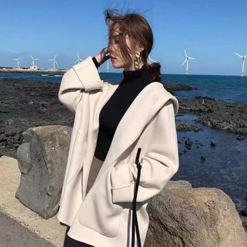 Ženski kaput s dugim rukavima i otvorenim šavom s kapuljačom Jesensko-zimski kardigan u stilu plašta Ženski plašt Gornja odjeća Dnevna odjeća Kaput
