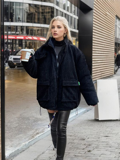 Jednobojna prugasta ženska jakna jesen zima dugih rukava s kićankama i patentnim zatvaračima veliki džep ženski kaput 2023 Modni ležerni ženski topli kaputi