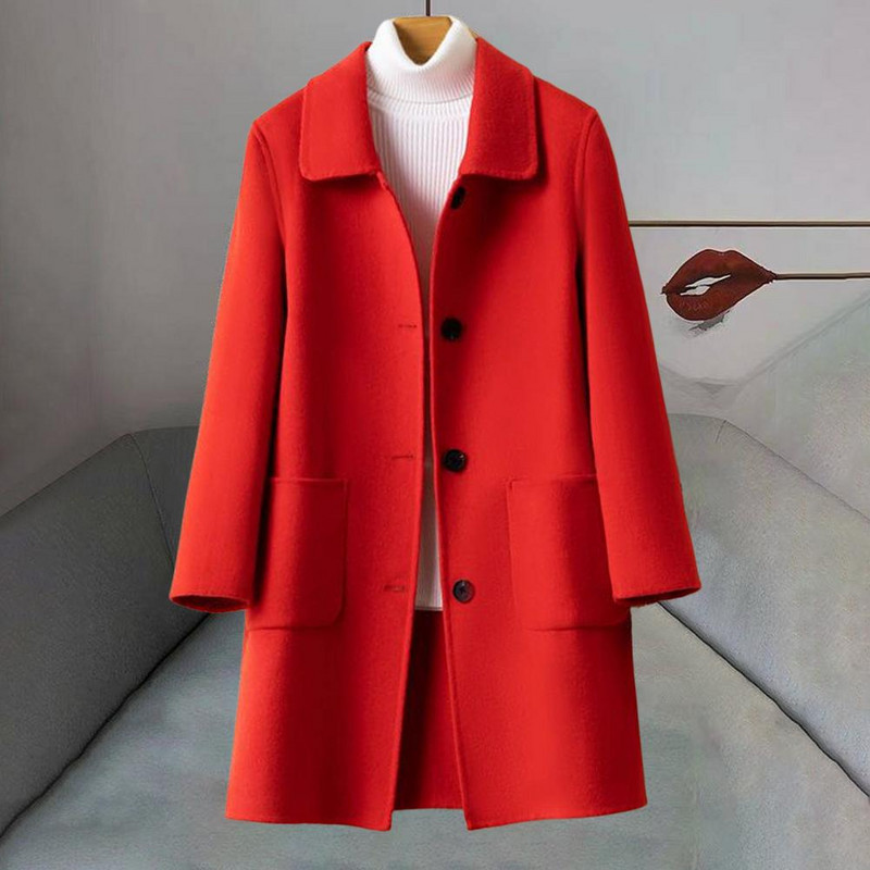 Vienkāršs ziemas mētelis, ērts, biezināts, vēja necaurlaidīgs sieviešu mētelis, vidēja garuma tīras krāsas divpusējs vilnas mētelis sieviešu mētelis, aukstumizturīgs