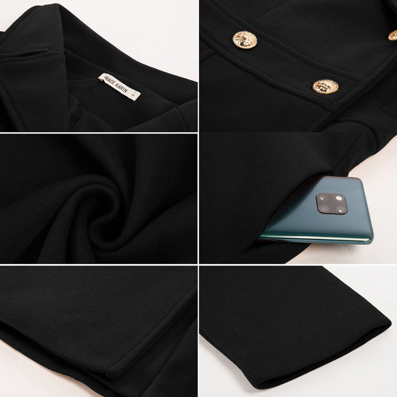 GRACE KARIN Ženski trenč kaput s dvostrukim kopčanjem, vuneni plašt, jakna s džepovima, kaput iznad koljena