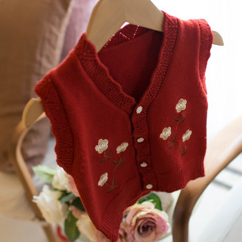 Есенен детски пуловер с жилетка Пролетен жилетка без ръкави с бродерия с V-образно деколте 6M-5Y Бебешка плетена топла модна ежедневна жилетка