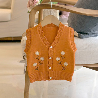 Rudens bērnu veste Pavasara džemperis bez piedurknēm V veida kakla izšuvumi ziedu veste 6M-5Y bērnu trikotāžas silta modes ikdienas jaciņa topi