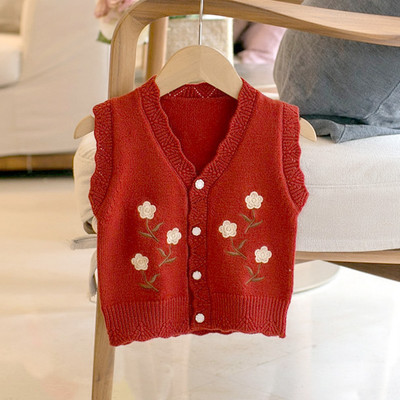 Rudens bērnu veste Pavasara džemperis bez piedurknēm V veida kakla izšuvumi ziedu veste 6M-5Y bērnu trikotāžas silta modes ikdienas jaciņa topi