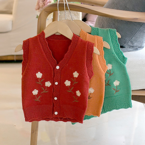 Rudens bērnu veste Pavasara džemperis bez piedurknēm V veida kakla izšuvumi ziedu veste 6M-5Y bērnu trikotāžas silta modes ikdienas jaciņa topi