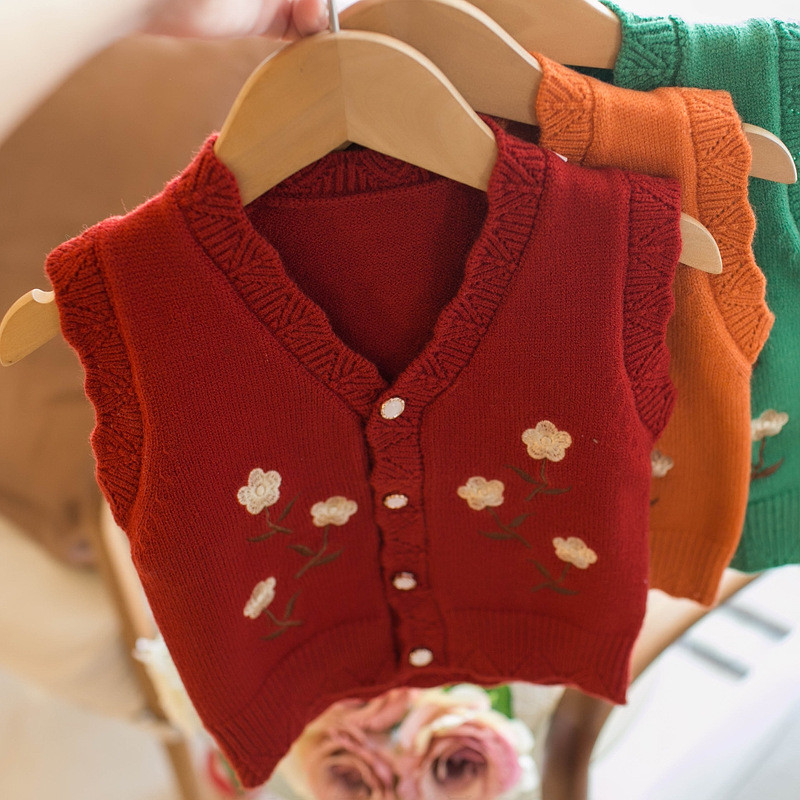 Rudens bērnu veste Pavasara džemperis bez piedurknēm V veida kakla izšuvumi ziedu veste 6M-5Y bērnu trikotāžas silta modes ikdienas jaciņa topi