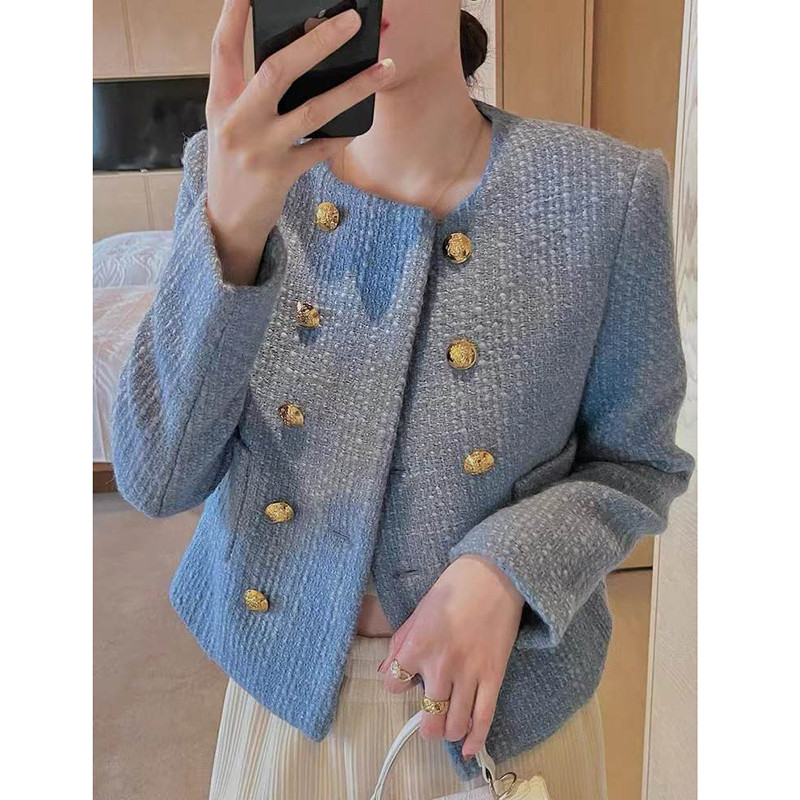Proljetna moda Elegantna kratka jakna Kaput Ženski francuski novi široki kroj Zlatni gornji kaput s dvostrukim kopčanjem i dugim rukavima