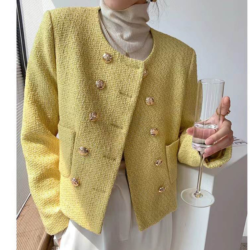 Proljetna moda Elegantna kratka jakna Kaput Ženski francuski novi široki kroj Zlatni gornji kaput s dvostrukim kopčanjem i dugim rukavima