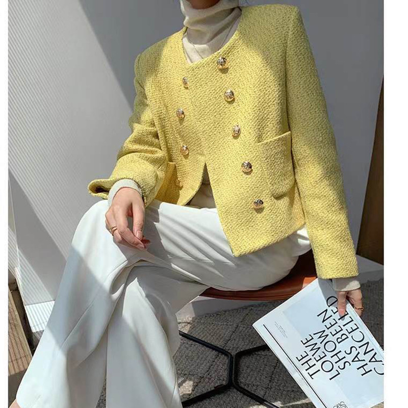 Proljetna moda Elegantna kratka jakna Kaput Ženski francuski novi široki kroj Zlatni gornji kaput s dvostrukim kopčanjem i dugim rukavima