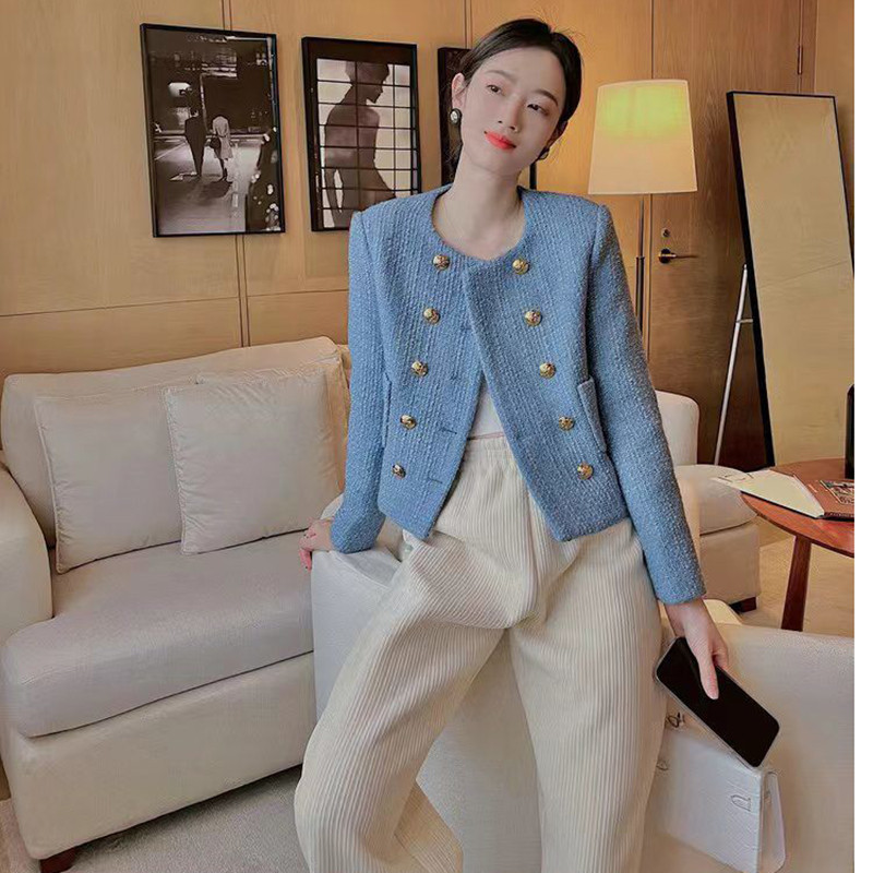 Proljetna moda Elegantna kratka jakna Kaput Ženski francuski novi široki kroj Zlatni gornji kaput s dvostrukim kopčanjem i dugim rukavima