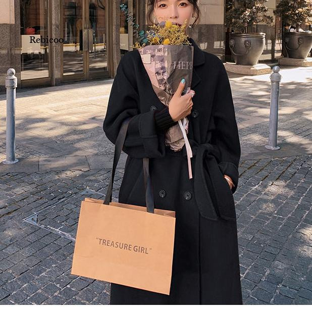 Zima Jesen Božić Crveni Crni Labavi dugi vuneni kaput Jakna Remen Vuneni kaput Gornja odjeća za korejske žene s podijeljenim porubom