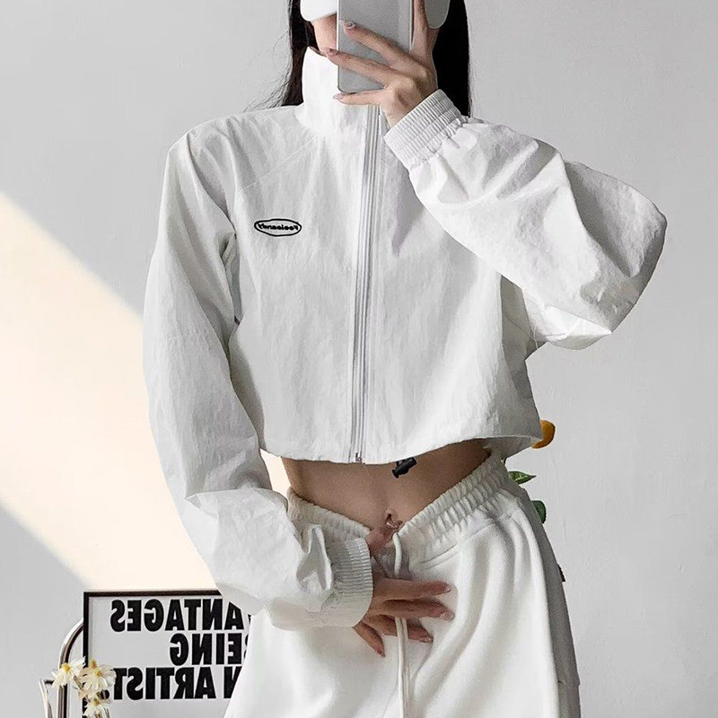 Rimocy Jachete de vară subțiri decupate femei Streetwear Y2K guler stand paravent femei cu cordon îmbrăcăminte exterioară cu mânecă lungă pentru femei