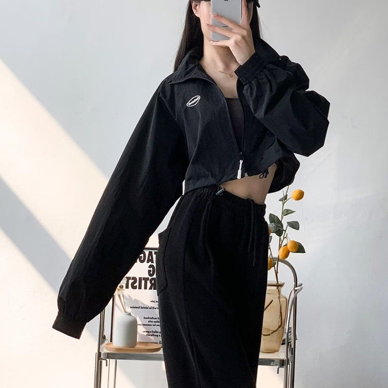 Rimocy Jachete de vară subțiri decupate femei Streetwear Y2K guler stand paravent femei cu cordon îmbrăcăminte exterioară cu mânecă lungă pentru femei