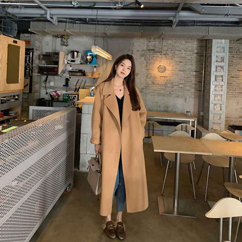 Toamnă Iarnă Mantouri lungi din imitație de lână calde Femei Coreeane Elegante Jachetă de lână solidă cu un singur piept Îmbrăcăminte de exterior