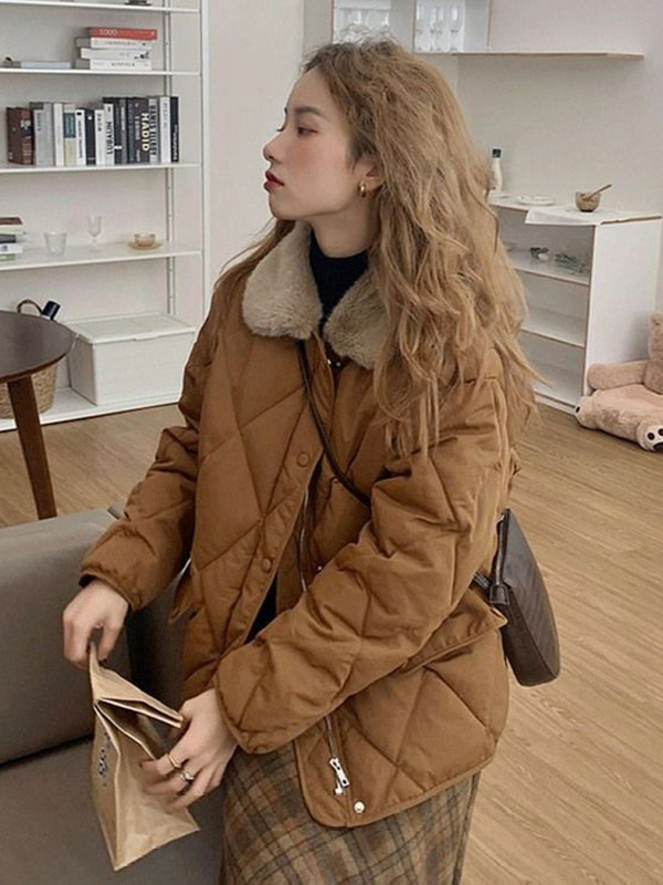 Jachetă din bumbac pentru femei în carouri în mozaic coreean, cu mânecă lungă, cu fermoar, cu buzunar cu nasturi, jachetă pentru femei, toamnă iarnă, paltoane pentru doamnă