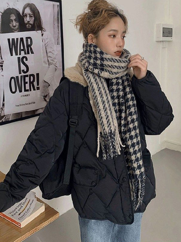 Jachetă din bumbac pentru femei în carouri în mozaic coreean, cu mânecă lungă, cu fermoar, cu buzunar cu nasturi, jachetă pentru femei, toamnă iarnă, paltoane pentru doamnă