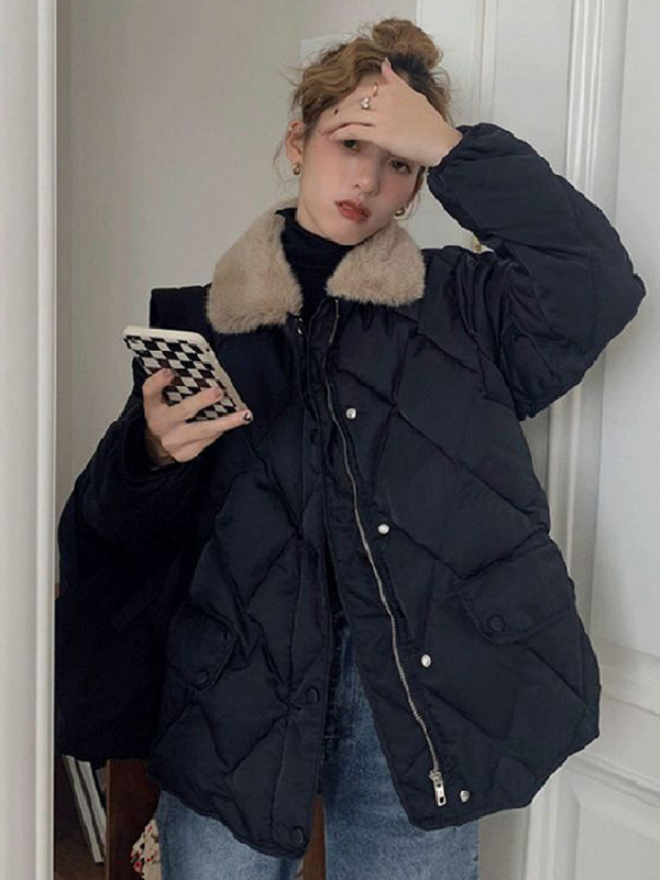 Jachetă din bumbac pentru femei în carouri în mozaic coreean, cu mânecă lungă, cu fermoar, cu buzunar cu nasturi, jachetă pentru femei, toamnă iarnă, paltoane pentru doamnă