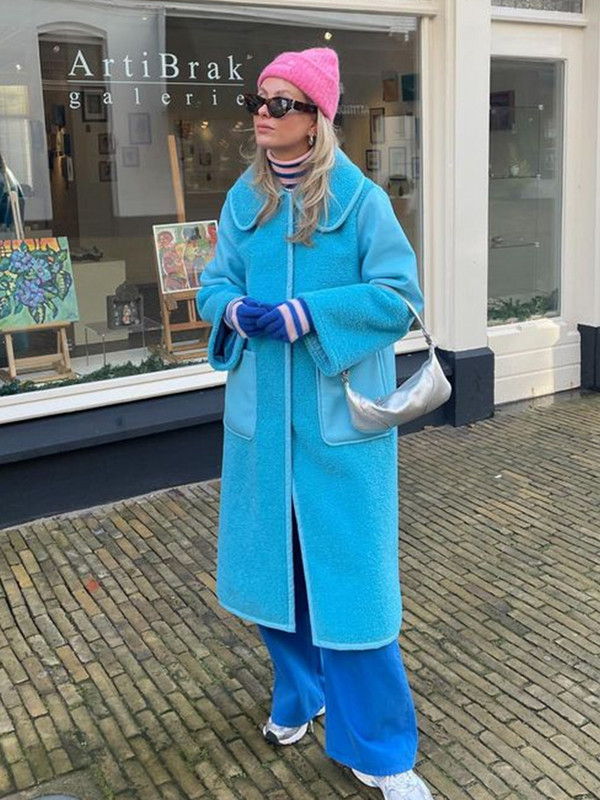 Janjeći vuneni kaput dugih rukava s reverima Elegantni ženski topli kaput s džepovima na jedno kopčanje Zimska modna ženska ulična odjeća 2023.