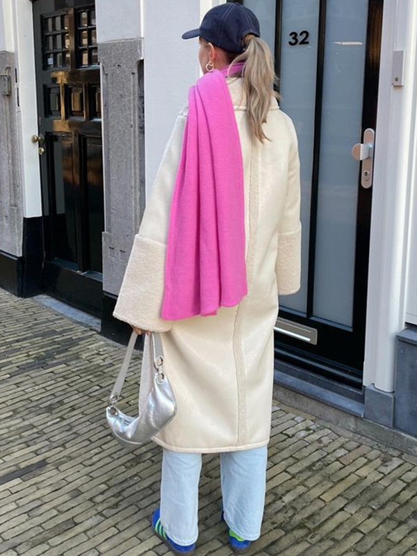 Janjeći vuneni kaput dugih rukava s reverima Elegantni ženski topli kaput s džepovima na jedno kopčanje Zimska modna ženska ulična odjeća 2023.