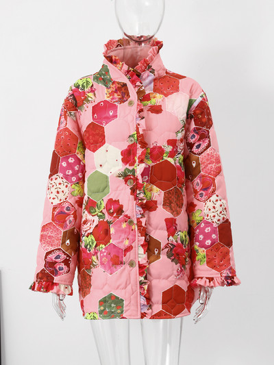 Apdrukāta Fungus Sieviešu kokvilnas polsterēta jaka mētelis brīvs, vienrindas modes jakas Sieviešu topi ar garām piedurknēm rudens mēteļi