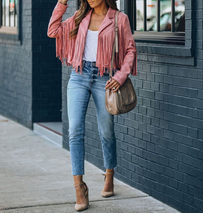 Femei Y2k cu franjuri tiv ciucuri Cardigan Crop Tops E-girl Motor Biker Sacou Jacheta din piele intoarsa Anii `90 Vintage Streetwear Coat