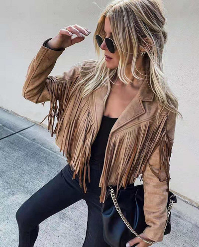 Femei Y2k cu franjuri tiv ciucuri Cardigan Crop Tops E-girl Motor Biker Sacou Jacheta din piele intoarsa Anii `90 Vintage Streetwear Coat