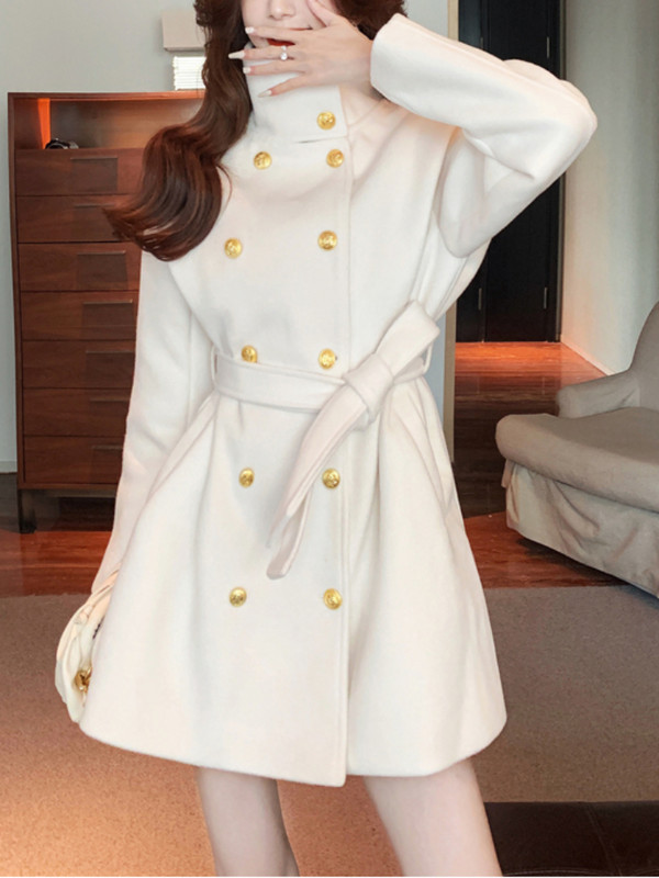 FTLZZ Jesen Zima Ženski samostojeći ovratnik s dvostrukim kopčanjem Midi vuneni kaput na vezivanje Uredska ženska jednobojna vunena odjeća