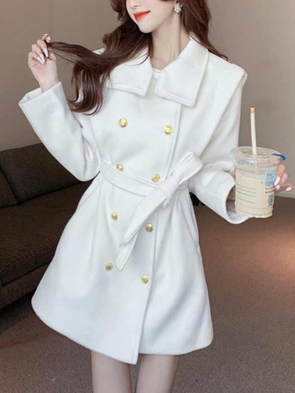 FTLZZ Jesen Zima Ženski samostojeći ovratnik s dvostrukim kopčanjem Midi vuneni kaput na vezivanje Uredska ženska jednobojna vunena odjeća