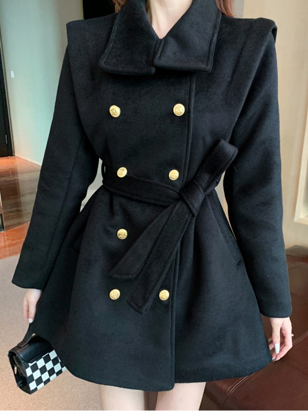 FTLZZ Jesen Zima Ženski samostojeći ovratnik s dvostrukim kopčanjem Midi vuneni kaput na vezivanje Uredska ženska jednobojna vunena odjeća