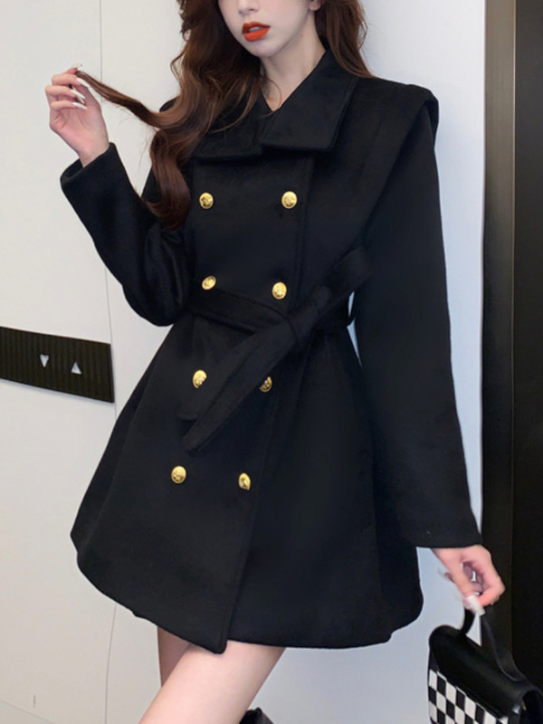 FTLZZ Jesen Zima Ženski samostojeći ovratnik s dvostrukim kopčanjem Midi vuneni kaput na vezivanje Uredska ženska jednobojna vunena odjeća